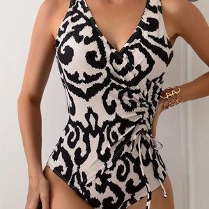 Black and Apricot/Off white Patterned Swimsuit